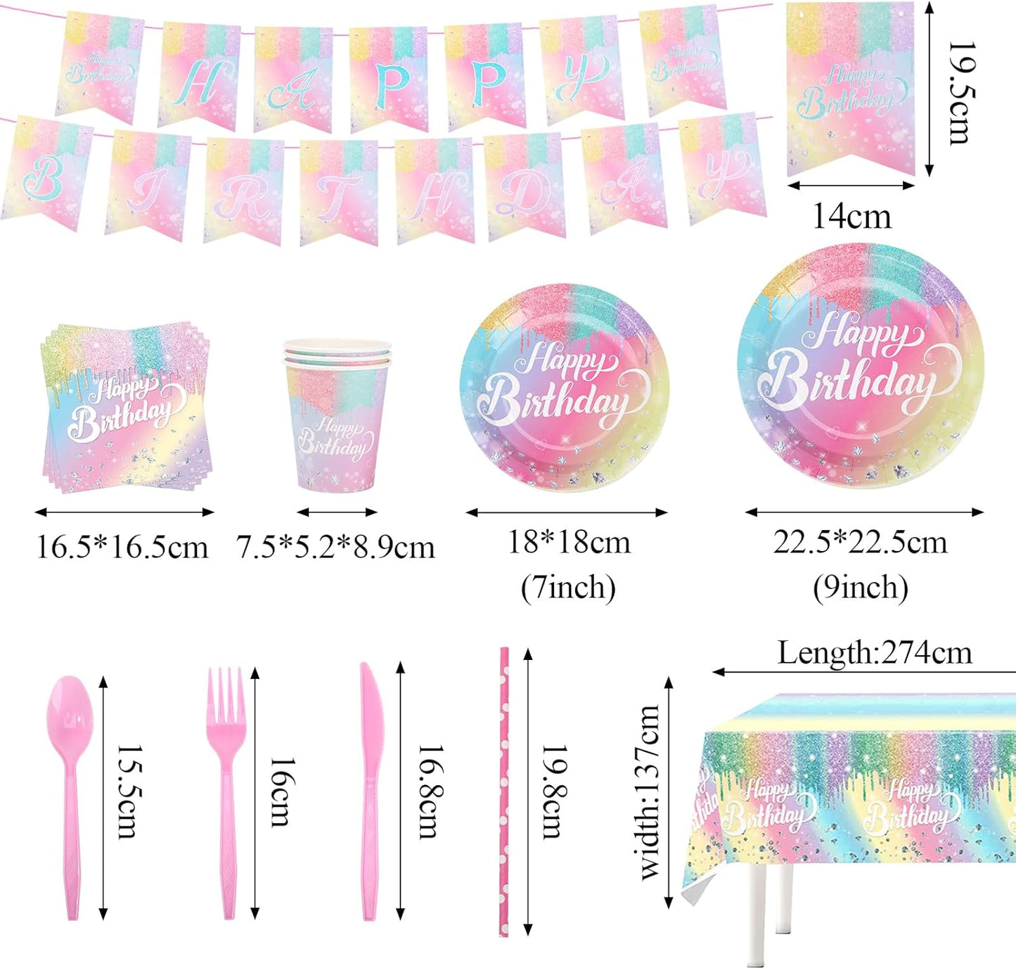 Rainbow Birthday Plates Napkins Sets Pink Birthday Party Supplies Glitter Diamond Plates,Rose Gold Disposable Birthdays Dinnerware Sets Unicorn Girls Party Plates with Tablecloth Cup Banner Serve 24