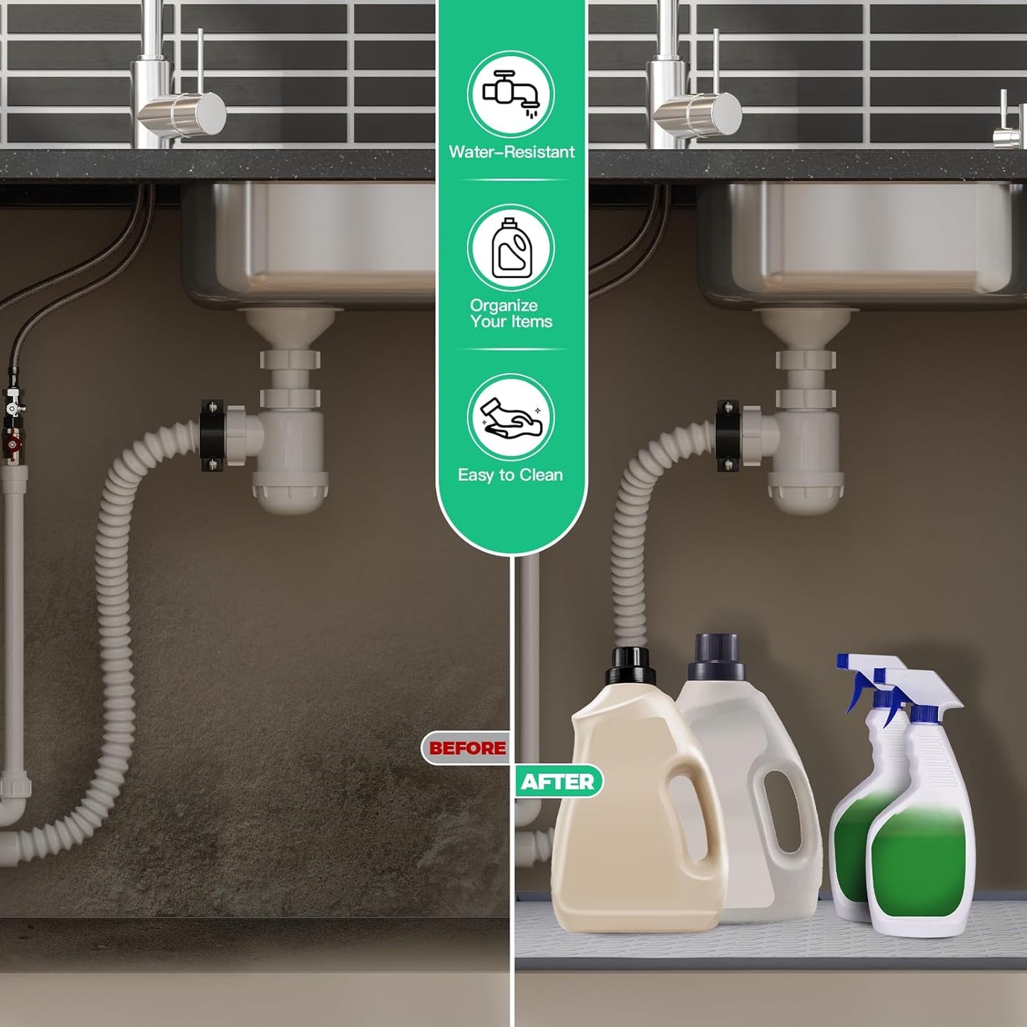 TRZZ Silicone Waterproof Under Sink Mat 34" x 19", Drip Tray and Cabinet Liner for Kitchen and Bathroom, Prevents Water Damage and Organizes Cabinets (Grey)