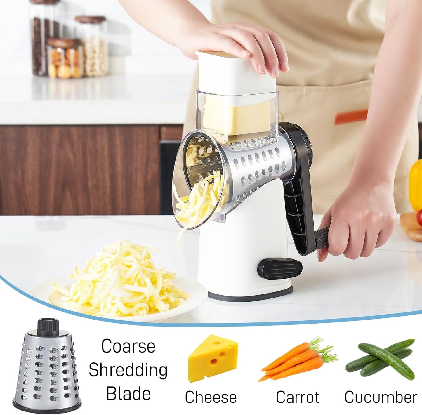 VEKAYA Cheese Grater, Cheese Grater Hand Crank, 4 Interchangeable Blades Cheese Shredder, Vegetable Slicer, Non-slip Suction Base, Easy to Clean Rotary Grater with Handle (White)