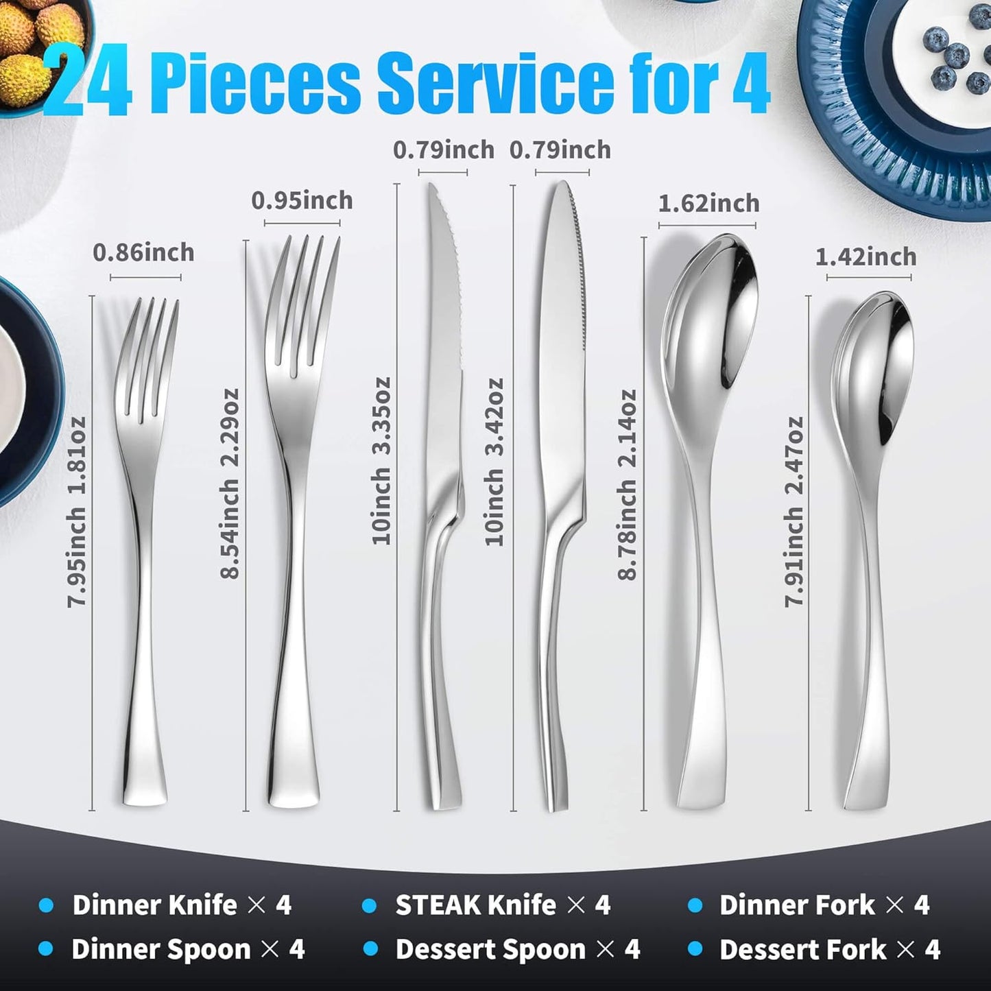 Lemeya 24-Piece Silverware Set with Steak Knives,Forged 18/10 Stainless Steel Cutlery Set for 4,Modern Heavy Duty Flatware Utensils Set,Forks Spoons and Knives Set, Mirror Polished,Dishwasher Safe