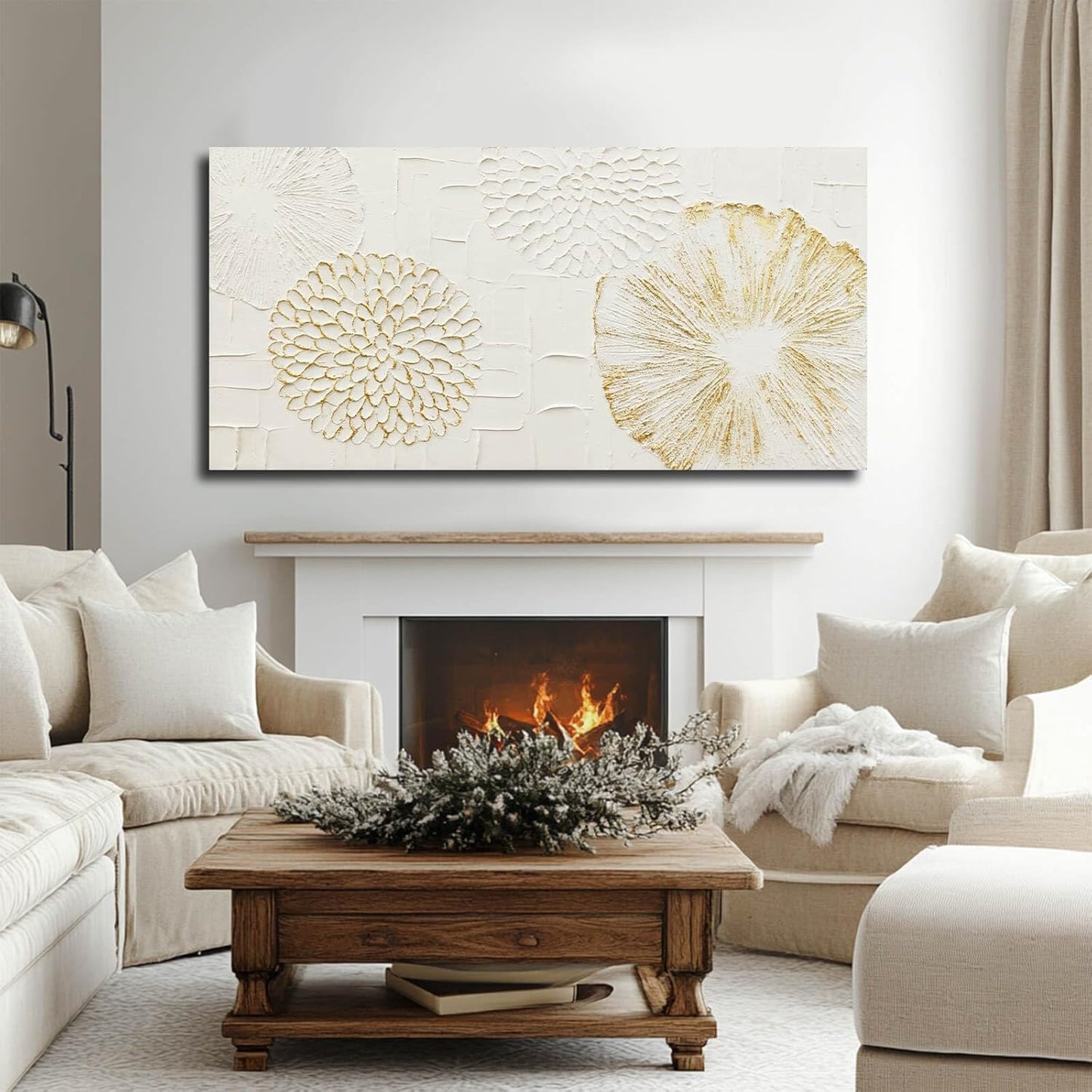 VAYIMDH White Wall Artwork Floral Wall Painting Modern Wall Art 24"x48" Large Pictures for Living Room Kitchen Wall Poster Canvas