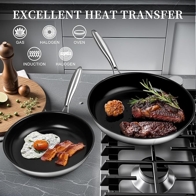 Innerwell Stainless Steel Frying Pan Set, Titanium Ceramic 10” and 12” Non Stick Frying Pan Skillet Set with Lids, No Toxic Nonstick Egg Omelet Cooking Pan Set, Induction Compatible, PFAS&PTFE Free