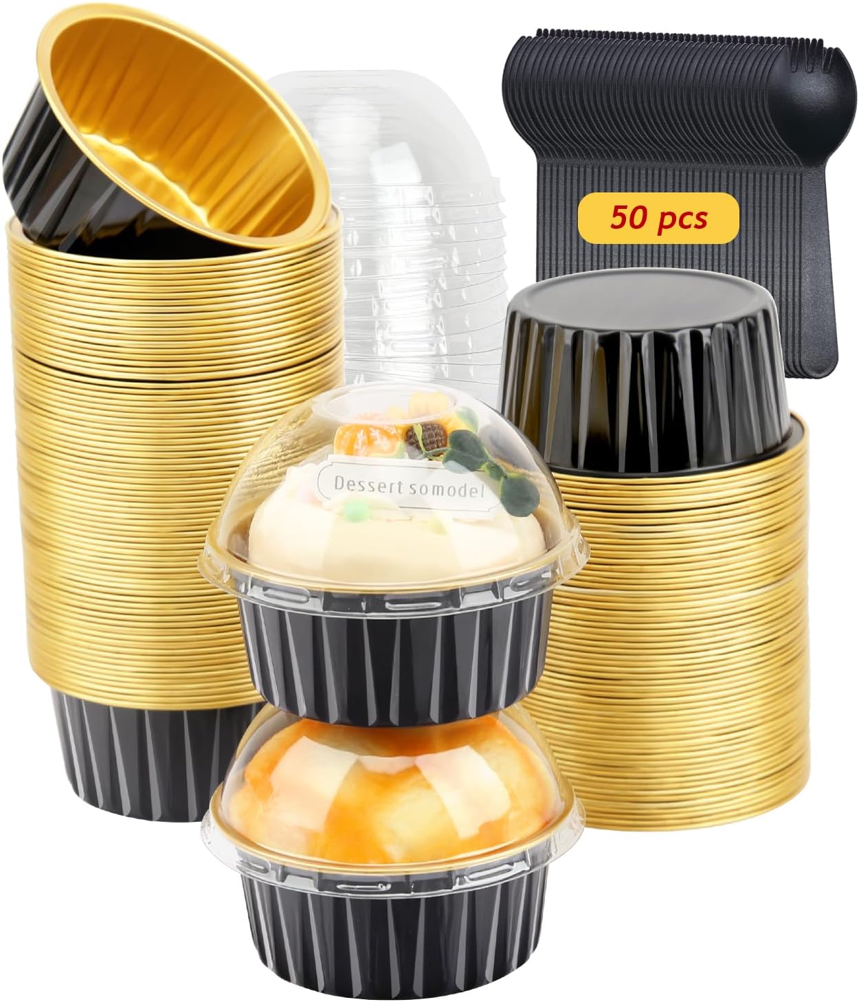 5oz Foil Ramekins with Lids 50 Pack,Free-Air Aluminum Foil Cupcake Liners Muffin Cups,Disposable Muffin Tins Jumbo Cupcake Baking Cups Muffin Pans for Custard Creme Brulee,with 50 Spoons-Black