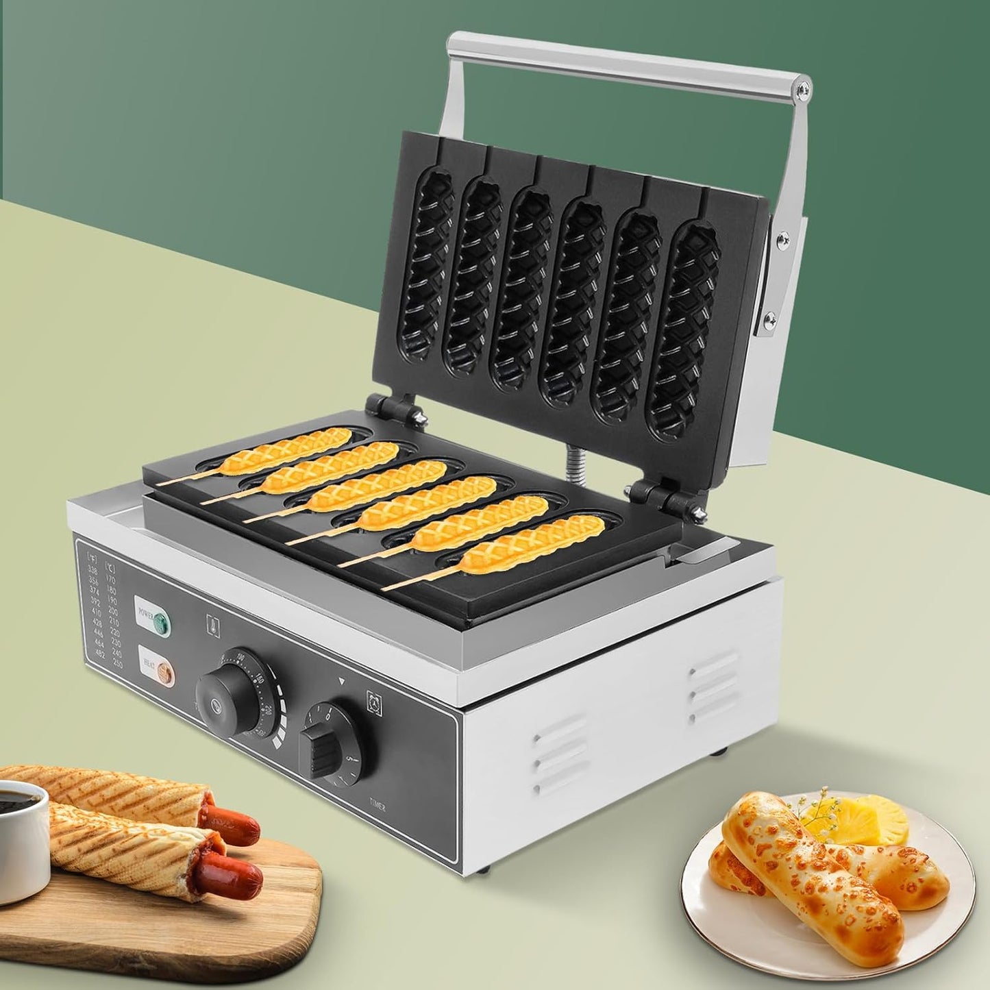 Corn Dog Waffle Maker, Commercial High Efficiency Adjustable 6-Channel Non-Stick Hot Dog Waffle Machine, 1500w 122-572°F Hot Dog Toaster, Hot Dog Maker for Bakeries Restaurants Kiosks etc