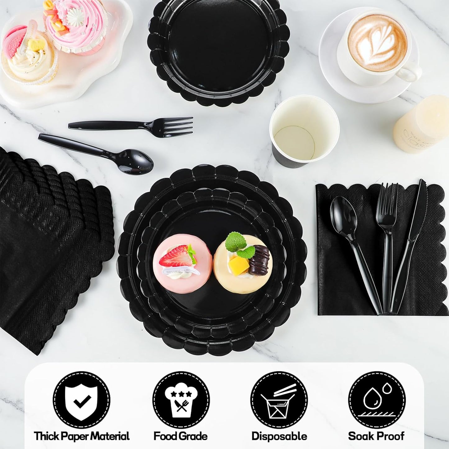 350 Pcs Black Paper Plates and Napkins, 25 Guest Black Birthday Party Supplies Includes Scalloped Party Plates Napkins Cups Plastic Spoons Forks Knives for Birthday, Wedding, Halloween
