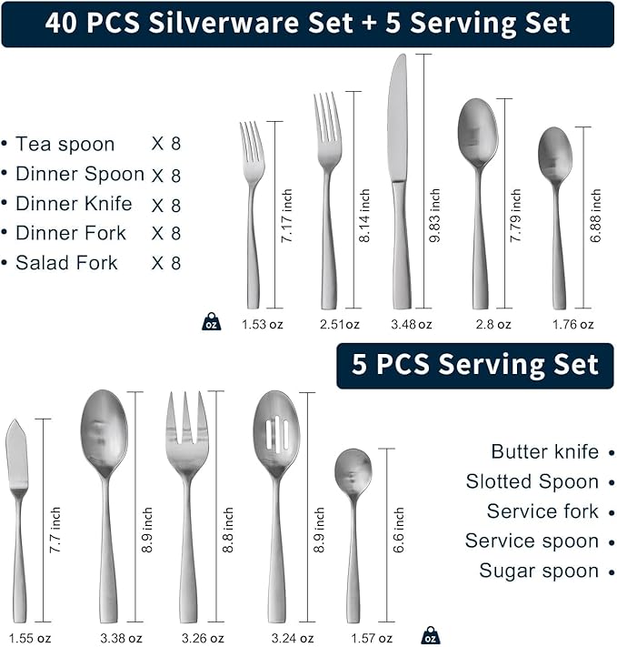 HIKAA 45-Piece Silverware Set with Serving Utensils, Heavy Duty Stainless Steel Flatware Set for 8 with Serving Utensils, Matte Satin Cutlery Set Dishwasher Safe