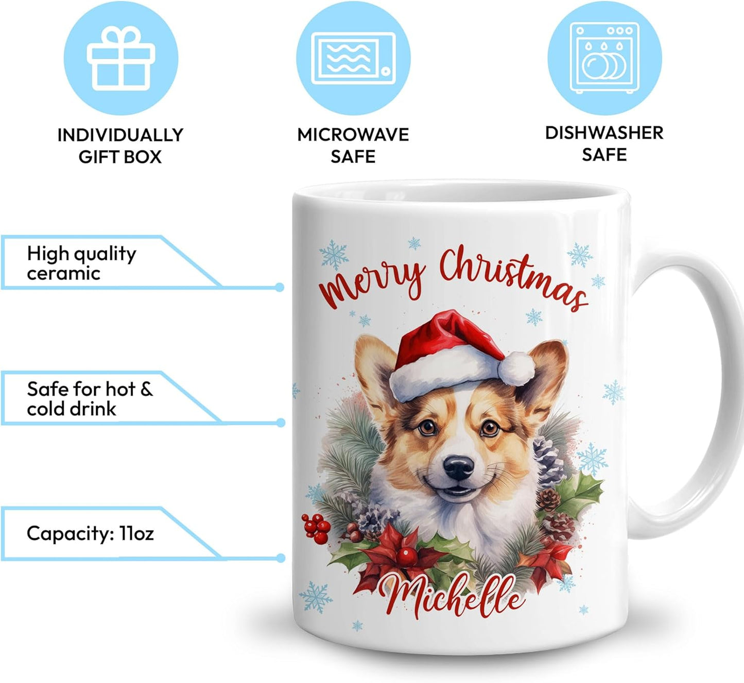 Hyturtle Personalized Gifts Dog Lover - Corgi Merry Christmas Custom Name Ceramic Coffee Mug Cup 11oz - Cute Animal Lovers Gifts For Women, Girl kids Family On Birthday, Christmas
