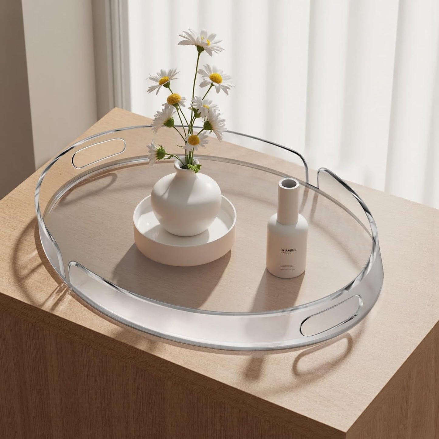 Acrylic Serving Tray with Handles Large Decorative Ottoman Tray 17x13'' Round for Bathroom Food Coffee Fruit Snack Tea Dinner Living Room, Clear