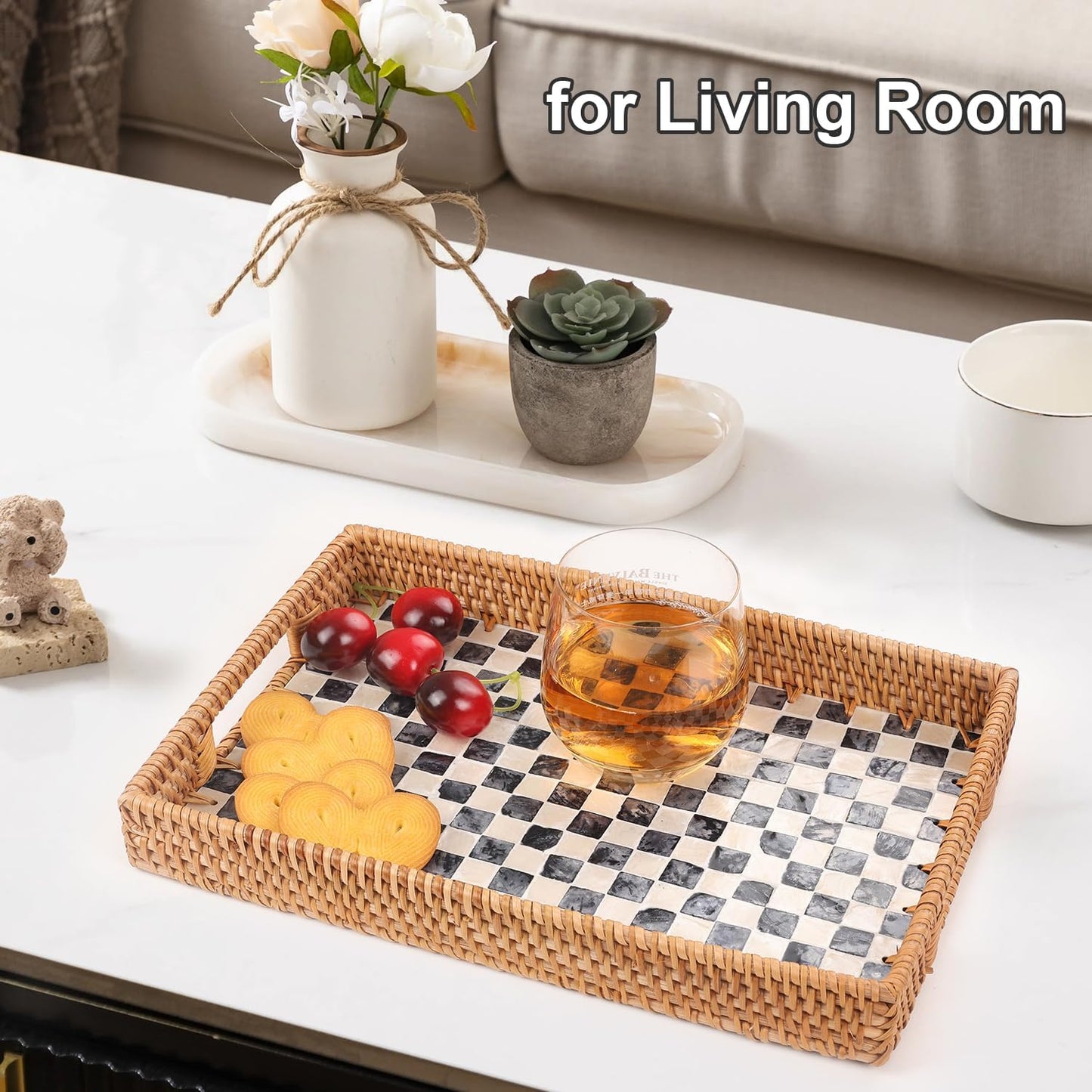 Rectangle Rattan Tray with Mother of Pearl Inlay, Rattan Serving Tray with Handle for Coffee, Bread, Fruits, Snacks, Decorative Wicker Tray for Table Decor (Black Checkerboard, 13"×9")