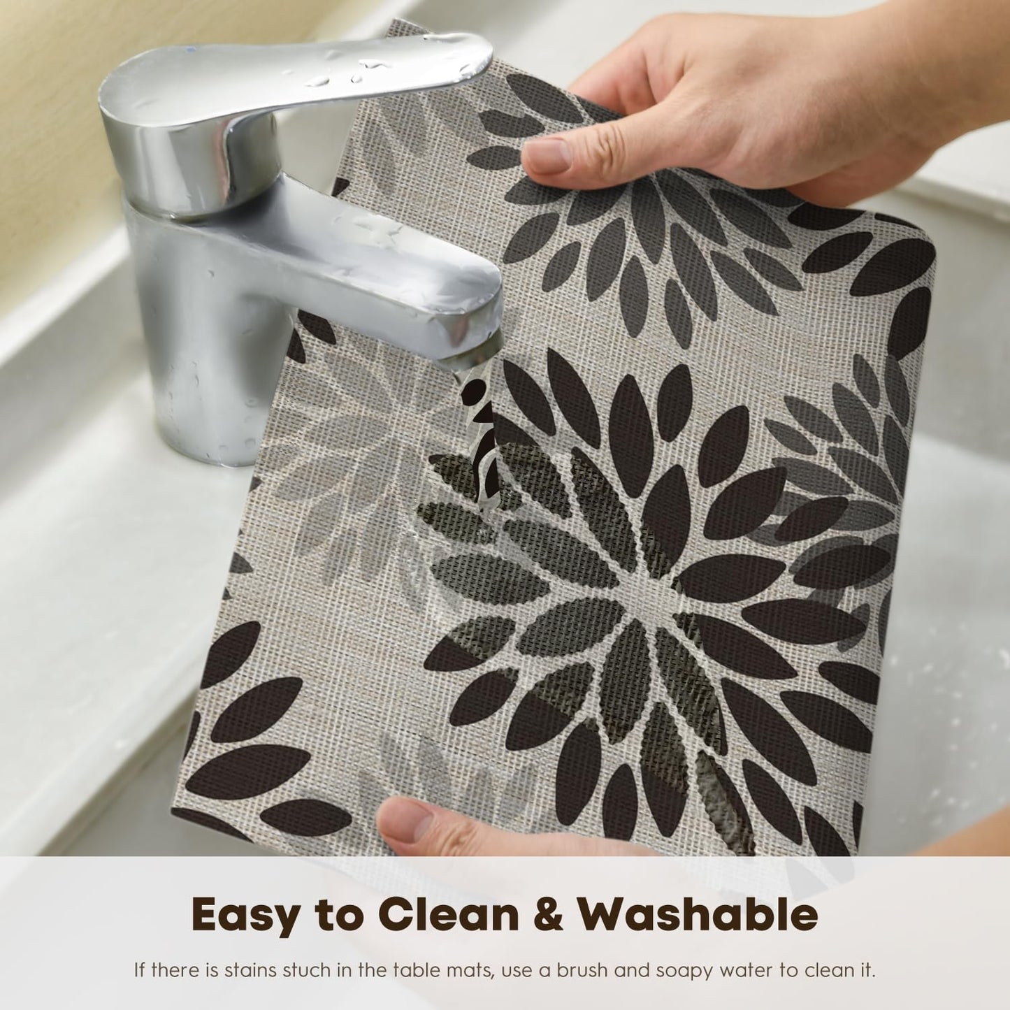 Artoid Mode Floral Vinyl Placemats Set of 6, Heat Resistant Washable Non-Slip Plistic PVC Place Mats for Party Kitchen Dining Decor, Black