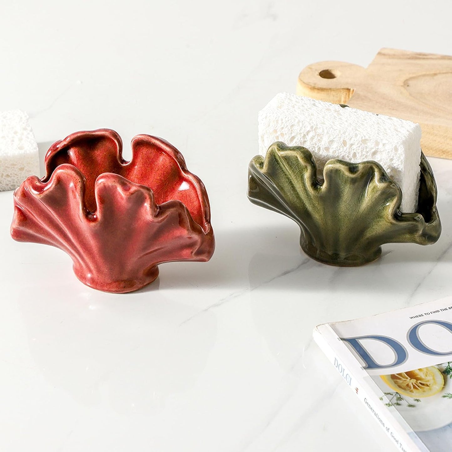 Ceramic Sponge Holder,Sponge Holder for Kitchen Sink,Compact Sink Caddy Organizer-Scouring Pad and Dish Holder,Farmhouse Kitchen Decor Cute Gadgets Accessories(Green)