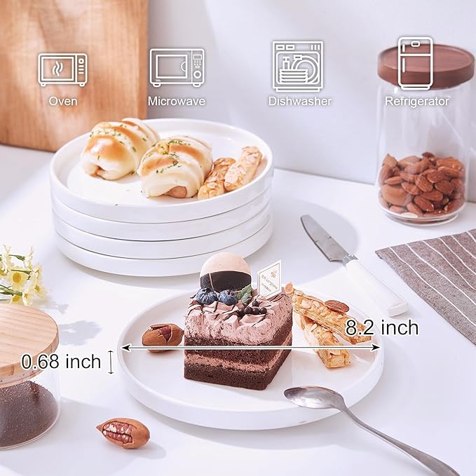 AntoKueh White Porcelain Flat Dessert Plates Set of 6, 8.2 Inch Ceramic Dishes with High Edge for Kitchen, Appetizer, salad, Dishwasher/Microwave safe