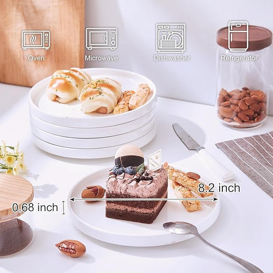 AntoKueh White Porcelain Flat Dessert Plates Set of 6, 8.2 Inch Ceramic Dishes with High Edge for Kitchen, Appetizer, salad, Dishwasher/Microwave safe