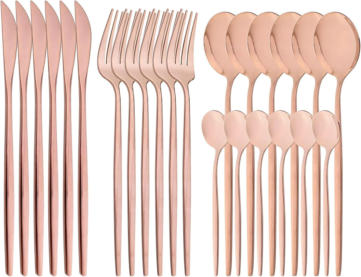 24-Piece Mirror Copper Polished Flatware, 18/0 Stainless Steel Dinnerware Set Include Knife Fork Spoon Teaspoon Cutlery Set For Home Restaurant and Party Service For 6, Dishwasher Safe