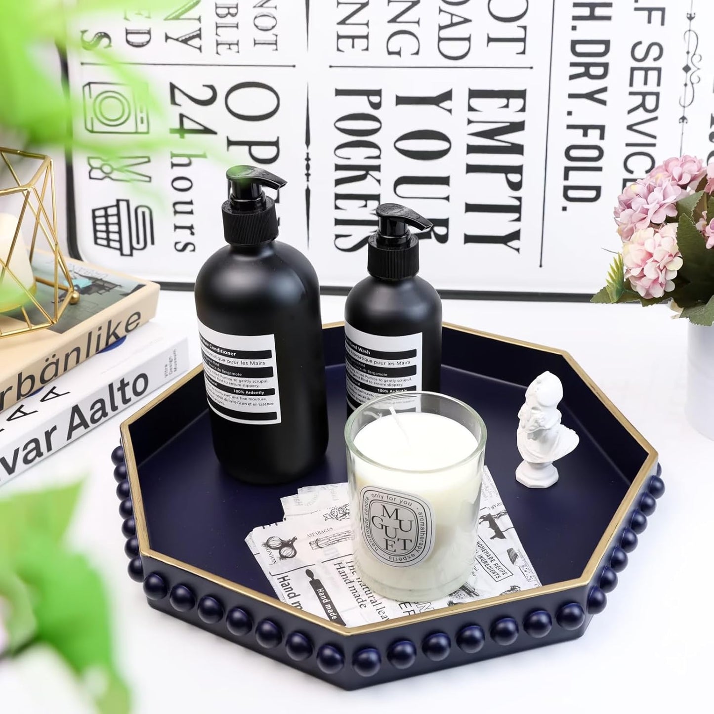 Navy Blue Octagonal Plastic Serving Tray for Coffee Table, Ottoman, Kitchen Counter, Living Room, Outdoor, Lacquered, Contemporary, 13x13x1.57 inches, Polypropylene