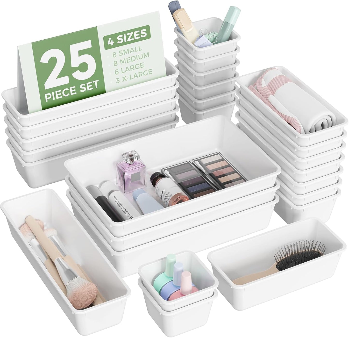 25 PCS Plastic Drawer Organizers Set, 4-Sizes Vanity and Makeup Organizer, Desk and bathroom Drawer Organizer Trays, Organizers and Storage for Makeup, Jewelry, Gadgets, Utensils (White)