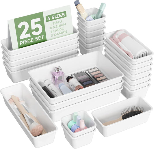 25 PCS Plastic Drawer Organizers Set, 4-Sizes Vanity and Makeup Organizer, Desk and bathroom Drawer Organizer Trays, Organizers and Storage for Makeup, Jewelry, Gadgets, Utensils (White)