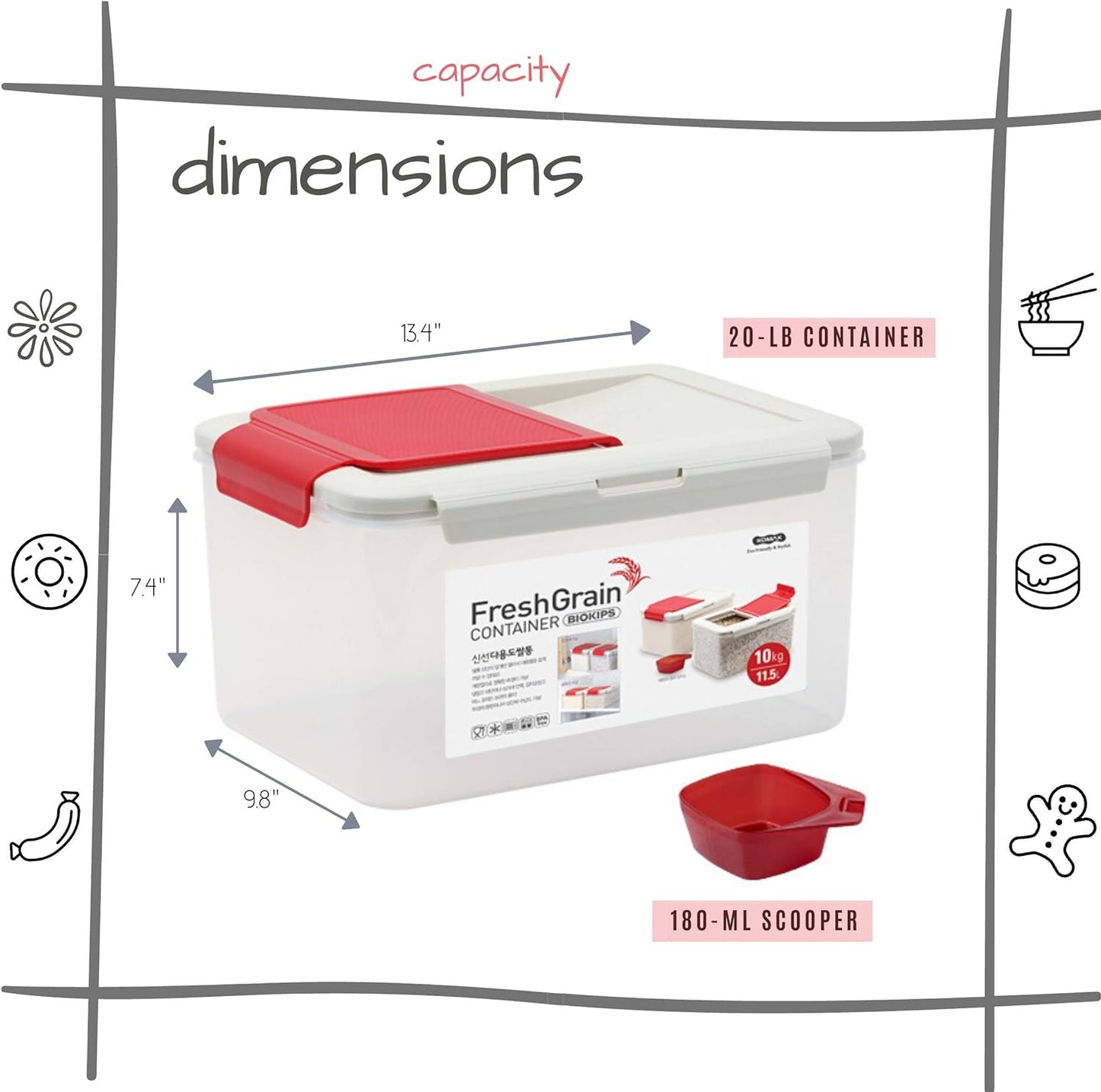 Komax Biokips Extra Large Food Containers, 20lb Food Storage Bins with Lids & Scooper, BPA Free Airtight Kitchen Storage Containers to Store Dry Food, Cat/Dog Food Storage Container (13 x 10 x 7.5)