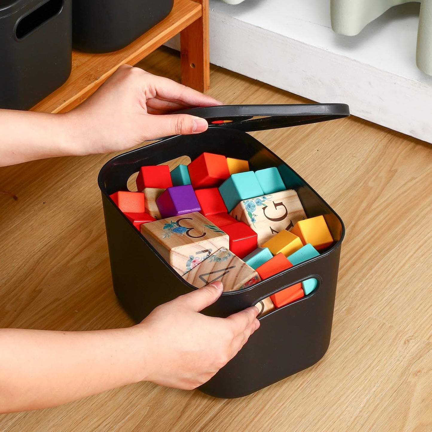 Hoolerry 8 Pieces Colorful Storage Bins with Lid, Plastic Storage Basket Organizing Container Stackable Box with Handle for Shelves Desktop Playroom Office(9.8 x 7.1 x 6.3 Inch,Black)