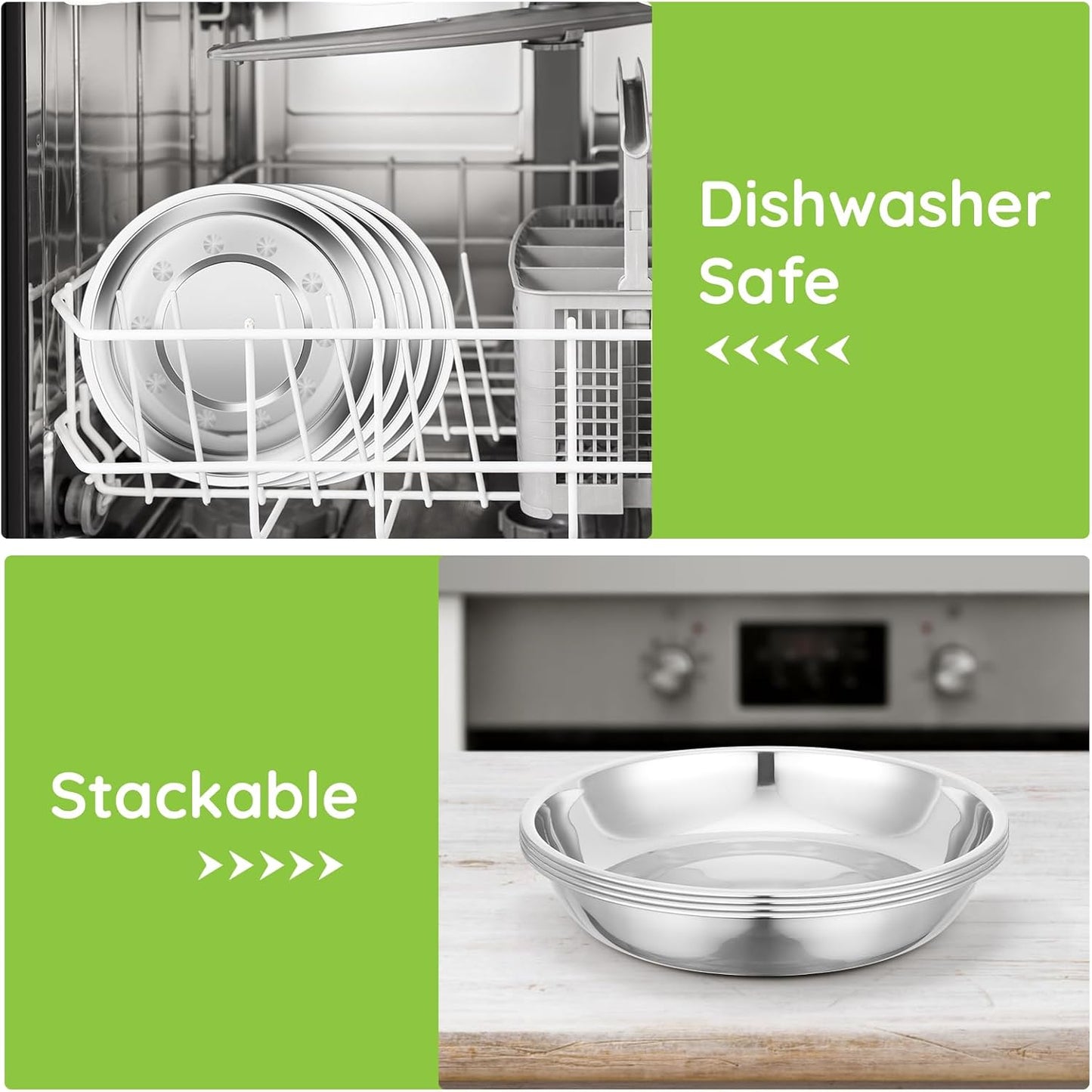 4 Patterned Deep Stainless Steel Plates, 7.8 inch 201 Metal Camping Plate, Reusable Food Serving Dish Snack Eating Dishes Round Shatterproof Silver BBQ Dinner Dinnerware Oven Dishwasher Safe