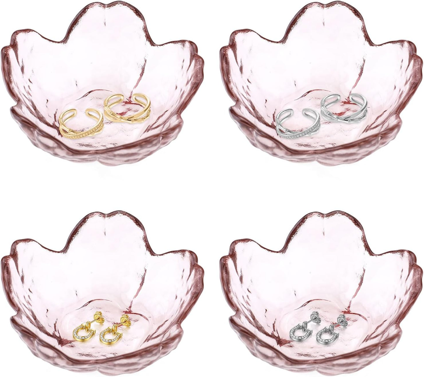 4 Pack Ring Dish Jewelry Tray, Small Glass Trinket Dish, Decorative Aesthetic Ring Holder Plate Bowl for Women Ring Earring Bracelet for Vanity Nightstand (Crystal Pink)