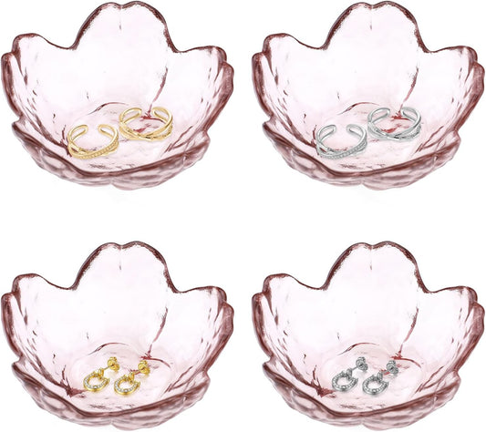 4 Pack Ring Dish Jewelry Tray, Small Glass Trinket Dish, Decorative Aesthetic Ring Holder Plate Bowl for Women Ring Earring Bracelet for Vanity Nightstand (Crystal Pink)