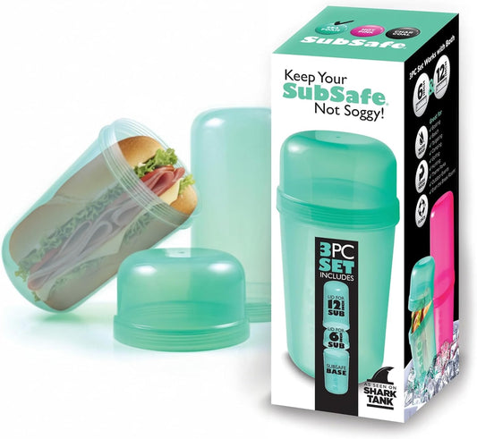 SubSafe 3-Piece Sub Sandwich Container, Seafoam Green - As Seen on Shark Tank - Waterproof, Crushproof, BPA-Free Food Storage that Floats - Fits 6 & 12 in Subs - Great for Travel, Beach, Camping