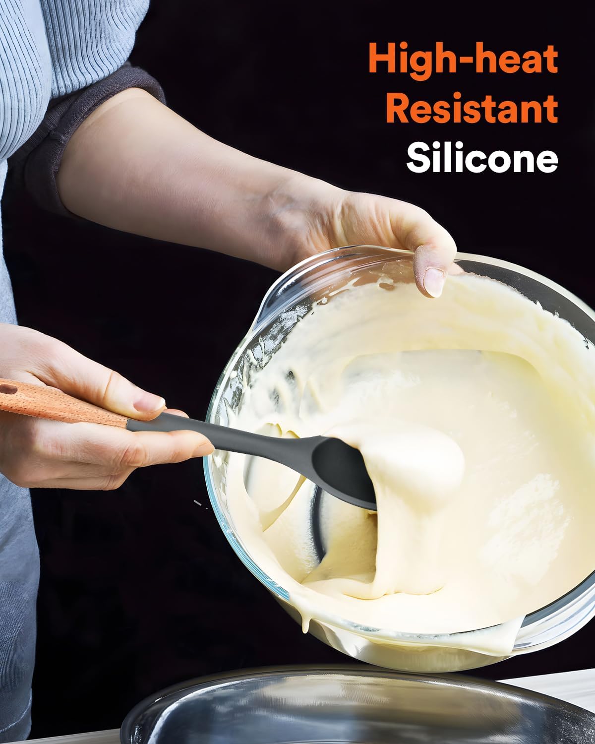 Large Silicone Cooking Spoons, Nonstick Solid Wooden Handle Spoon, Heat Resistan Silicone Kitchen Spoons for Cooking, Serving, Basting, Mixing, 13.2inch (Grey)