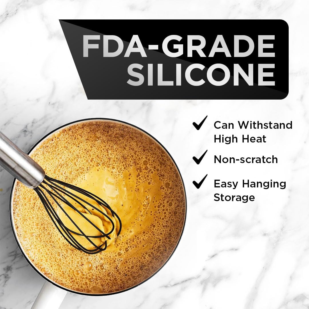 Silicone Whisk Set of 3 - Stainless Steel & Silicone Non-Stick Coating – wisking tool, Whisking, mini whisk, whisks for cooking (12-inch, 10-inch & 8.5-inch), egg whisk