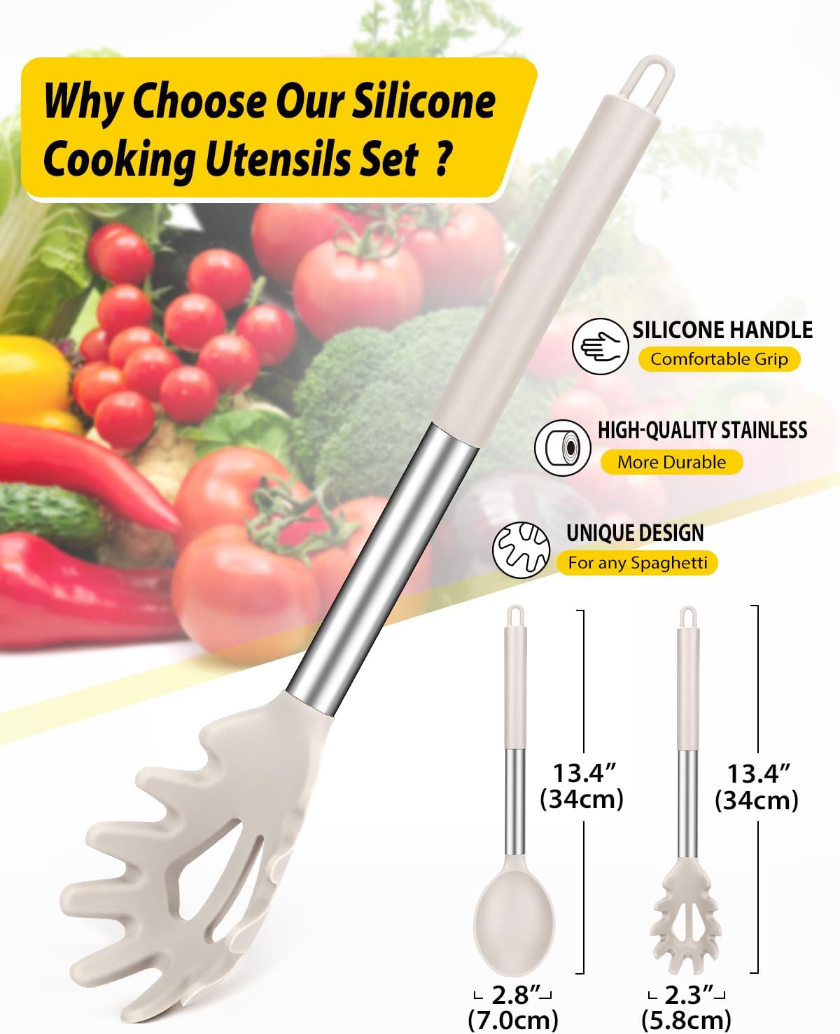 Silicone Pasta Fork and Cooking Spoon Set, Non Stick Kitchen Utensils for Cooking,Stirring,Serving Spaghetti, Soup, Sauce (KHAKI)