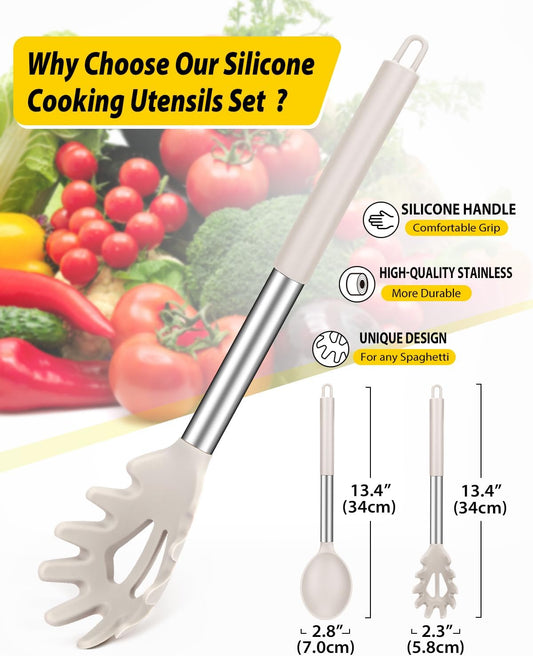 Silicone Pasta Fork and Cooking Spoon Set, Non Stick Kitchen Utensils for Cooking,Stirring,Serving Spaghetti, Soup, Sauce (KHAKI)