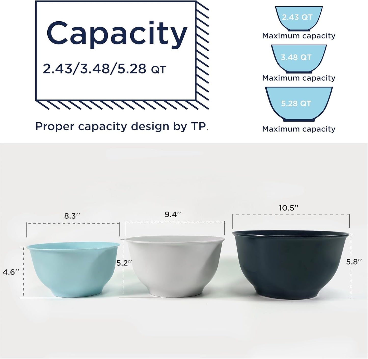 TP Large Mixing Bowl Set with Lids, Melamine Nesting Bowls Set for Pasta Baking Salad Mixing, Set of 3, Blue and White