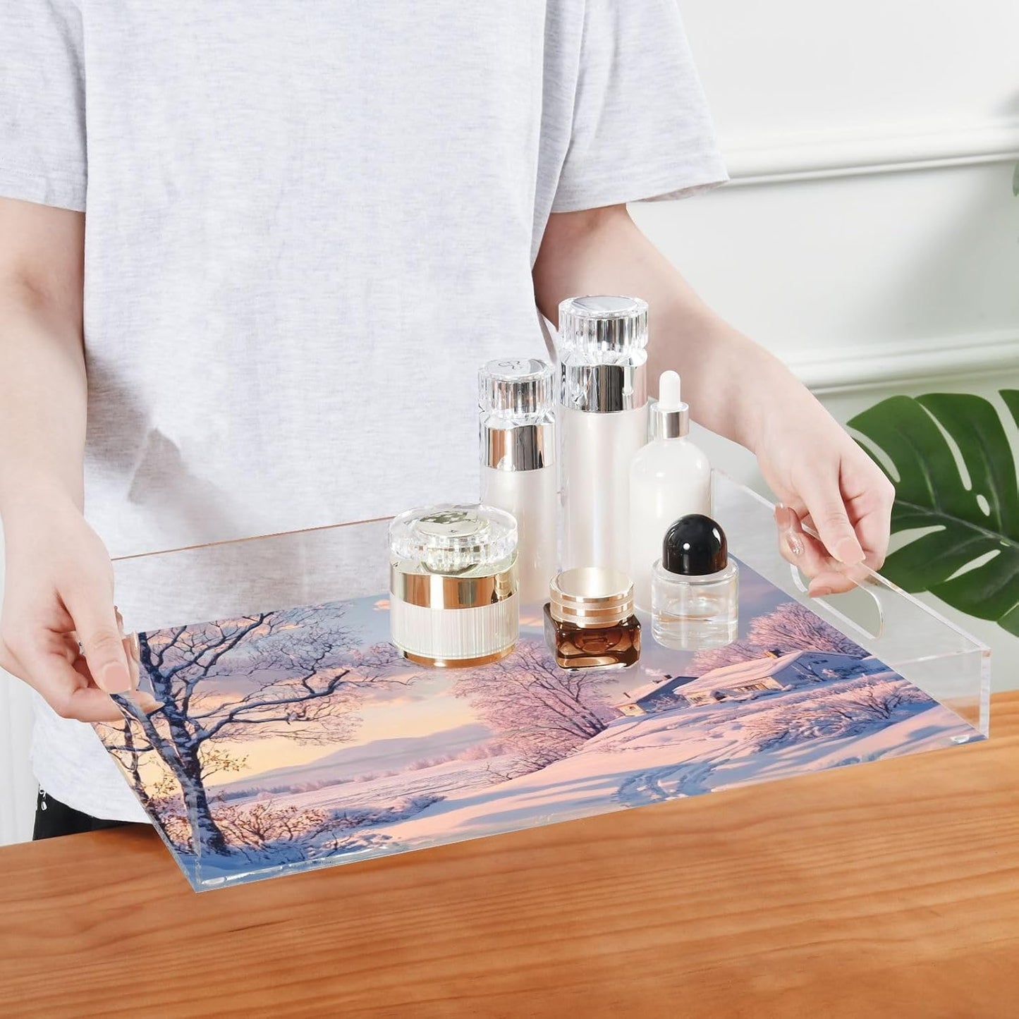 Acrylic Serving Tray with Handles Spill Proof Kitchen Storage Tray Clear Decorative Tray Makeup Drawer Organizer Storage Tray for Bathroom Living Room Ottoman 15.7x11.8Inches