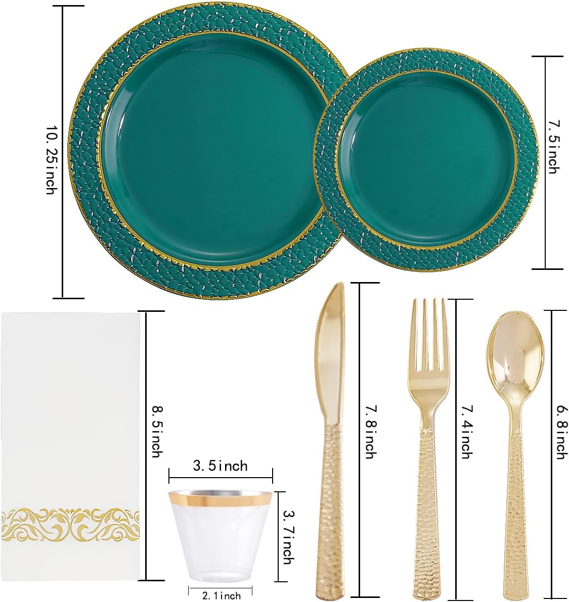 FLOWERCAT 175PCS Marrs Green Plastic Plates with Gold Rim&Christmas Plates&Green and Gold plastic Plates&Gold Plastic Silverware - Ideal for Wedding,Spring Party,St. Patrick's Day