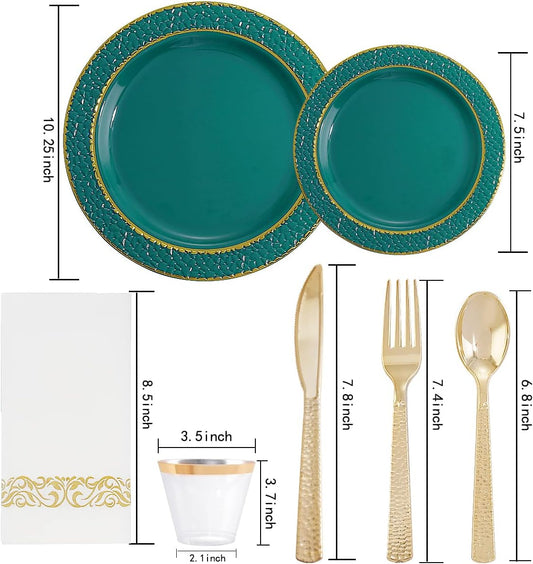 FLOWERCAT 175PCS Marrs Green Plastic Plates with Gold Rim&Christmas Plates&Green and Gold plastic Plates&Gold Plastic Silverware - Ideal for Wedding,Spring Party,St. Patrick's Day