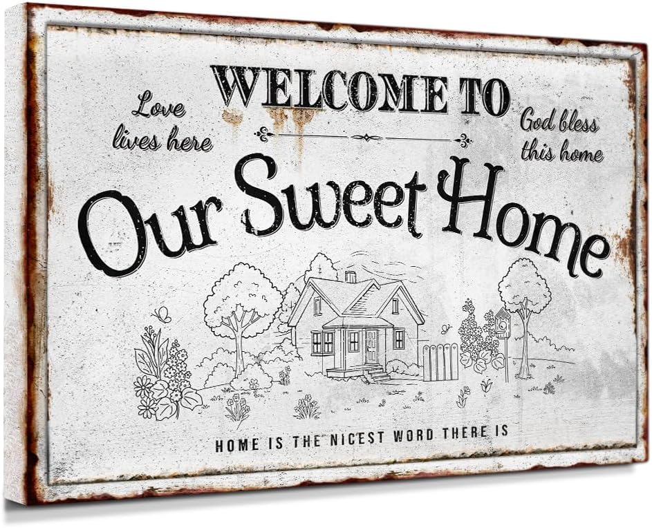 IPIC - Our Sweet Home Vintage Family Sign, Large Farmhouse Style Canvas Wall Art for Home or RV, Rustic Wall Decor for Bedroom, Living Room, Made in USA