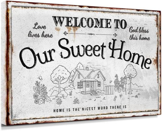 IPIC - Our Sweet Home Vintage Family Sign, Large Farmhouse Style Canvas Wall Art for Home or RV, Rustic Wall Decor for Bedroom, Living Room, Made in USA