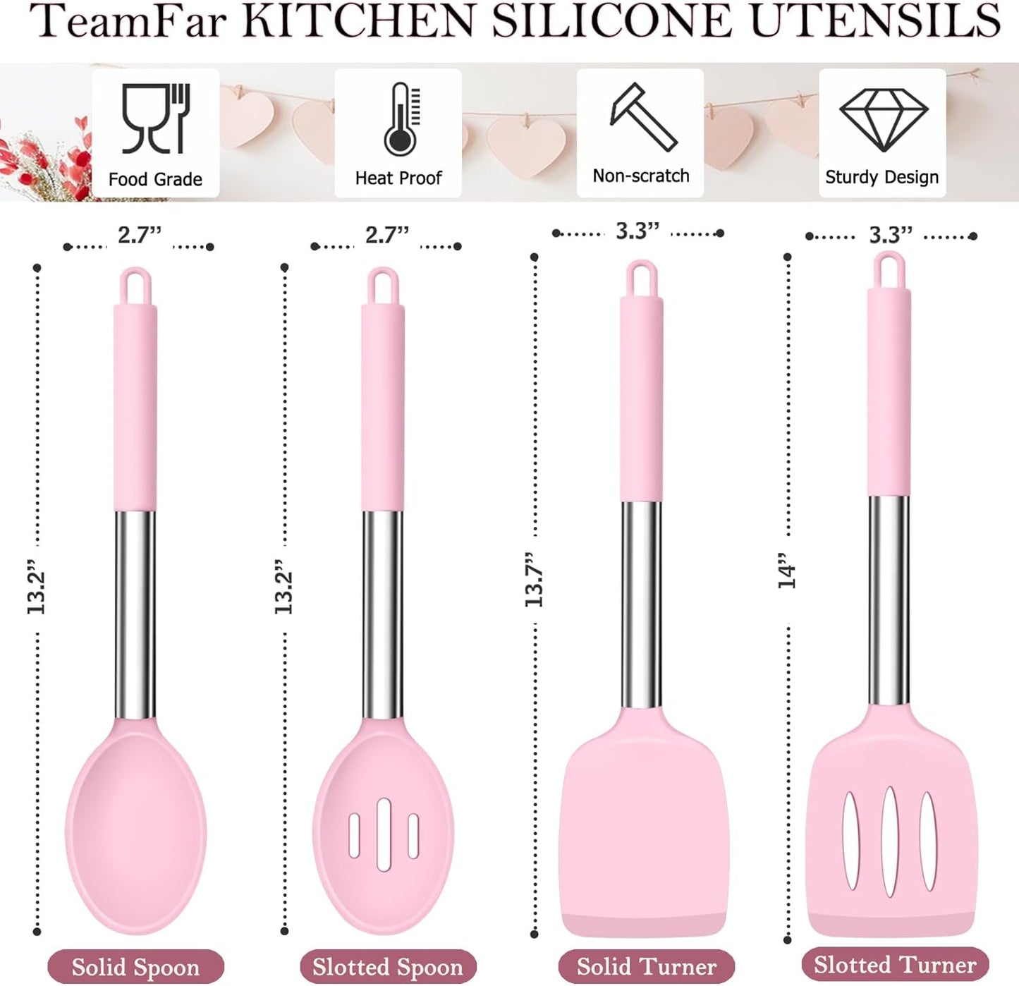 TeamFar Kitchen Utensils, 4 PCS Silicone Cooking Utensils Spatula Spoon Set with Stainless Steel Handle, for Frying Mixing Draining Turning, Healthy & Heat-proof, Non-stick & Dishwasher Safe - Pink