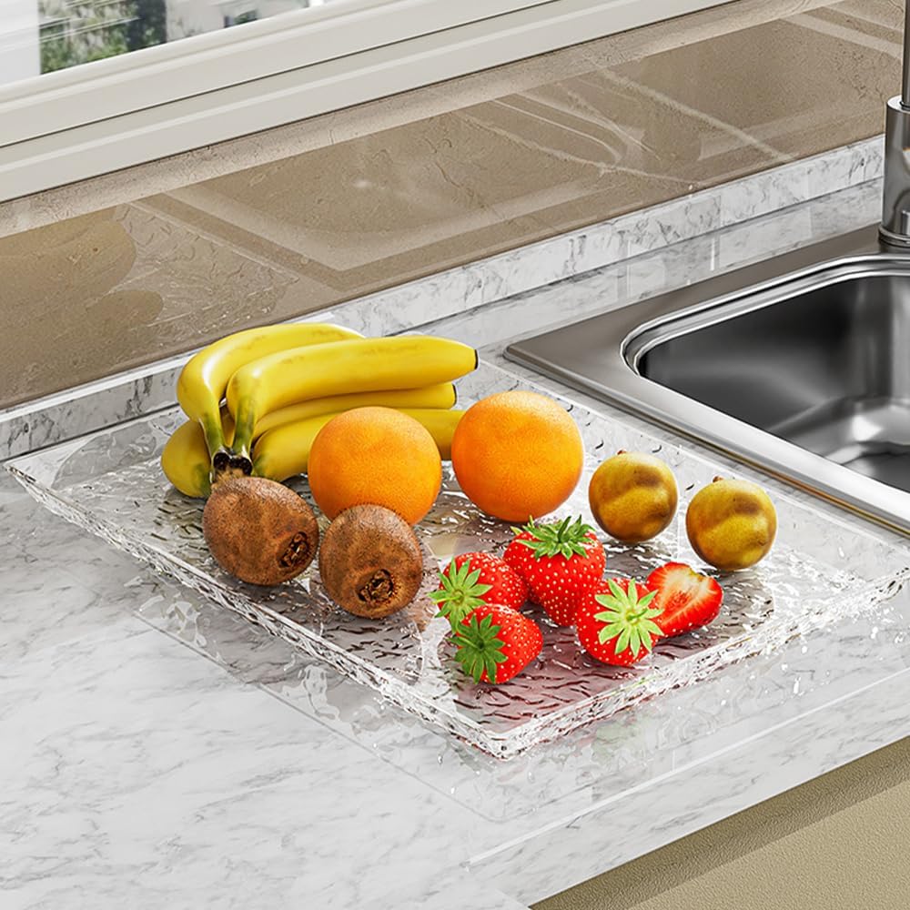 Countertop Crystal Fruit Tray,Plastic Clear Reusable Serving Trays,Rectangular Ripple Decorative Bowl for Ice Cream Candy Nut Fruits Display