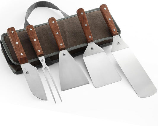 GRILLGEN 6-Piece Professional Griddle Accessories Kit for Griddle Cooking, Premium Rosewood Handles Spatulas Set with Scraper, Santoku Knife, Carving Fork, Storage Bag, Flat Top Grill Accessories