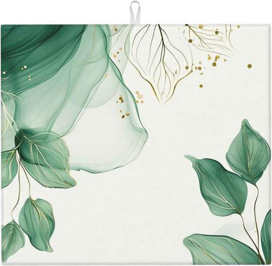 Watercolor Green Palm Leaves Dish Drying Mat 16x18 Inch, Microfiber Absorbent Fast Dry Mat Large Dish Mat Drying Kitchen Mat, Kitchen Drying Pad for Kitchen Counter Coffee Bar Decor Gifts