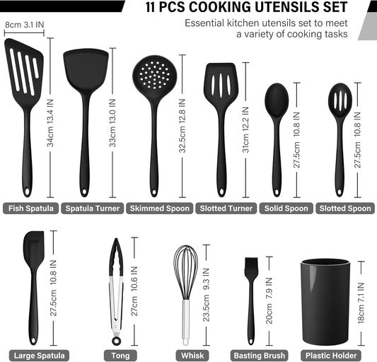HaWare 11 PCS Silicone Cooking Utensils Set, Heat Resistant Kitchen Utensils with Holder, Food-grade Spatula Sets for Nonstick Cookware, Kitchen Tools Gadgets Include Fish Turner, Spoon (Black)