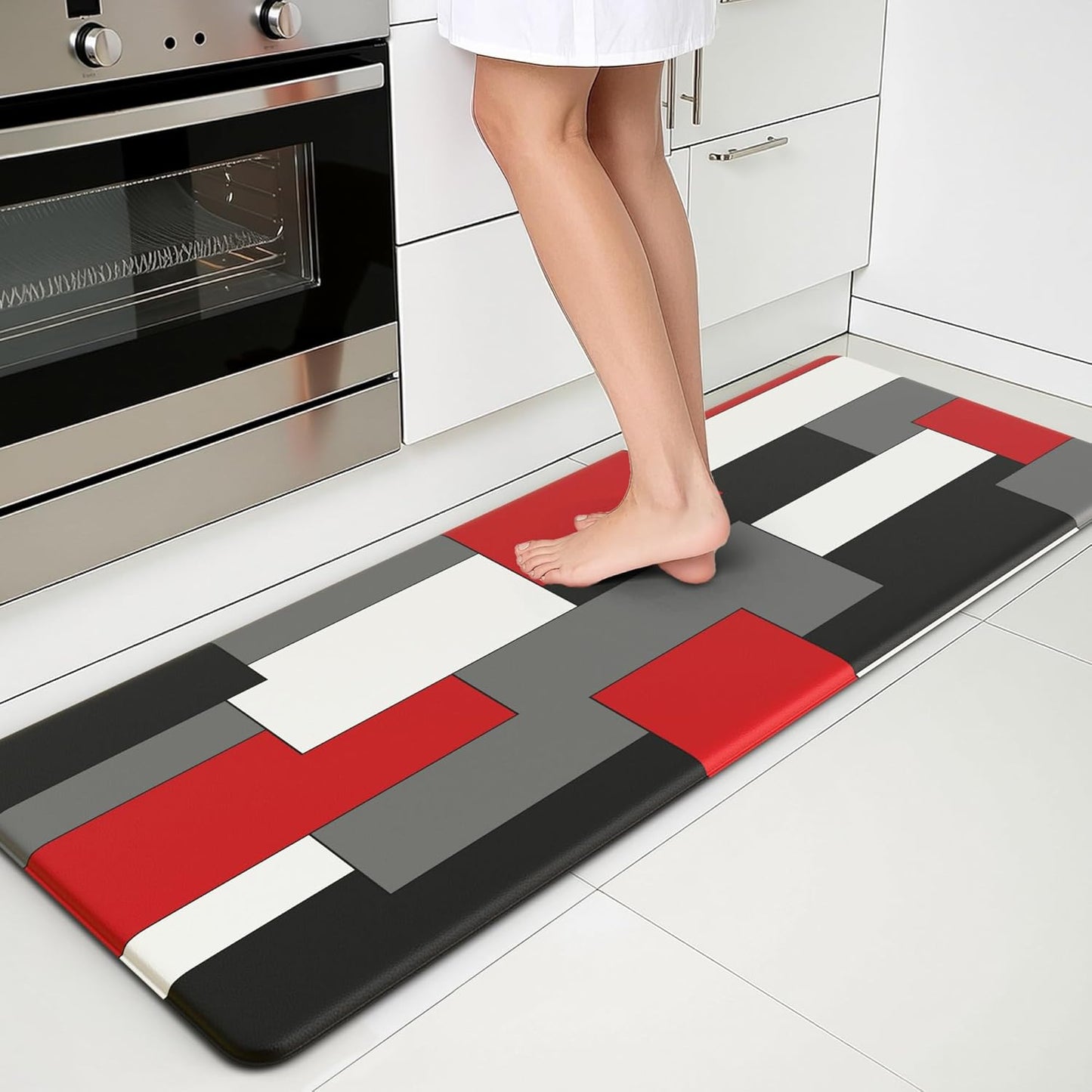 Black White Red Blue Yellow Kitchen Rug Anti-Fatigue Kitchen Mat for Floor Abstract Geometric Waterproof Non-Slip Kitchen Mat and Rug Kitchen Floor Rug Mat for Home Laundry