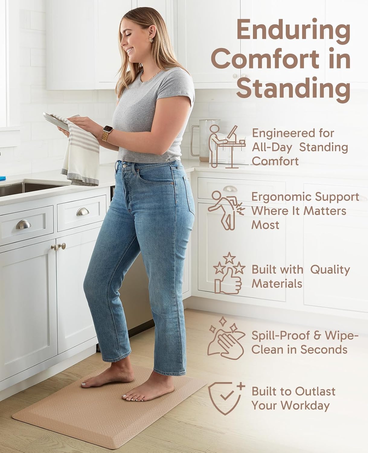 Ophanie Kitchen Mats for Floor, 3/4 Inch Thick Kitchen Rugs, 20'' x 60'' Anti Fatigue Standing Cushioned Mat, Waterproof,Comfort Ergonomic Mat for Office, Home, Sink, Beige Non-Slip Bottom