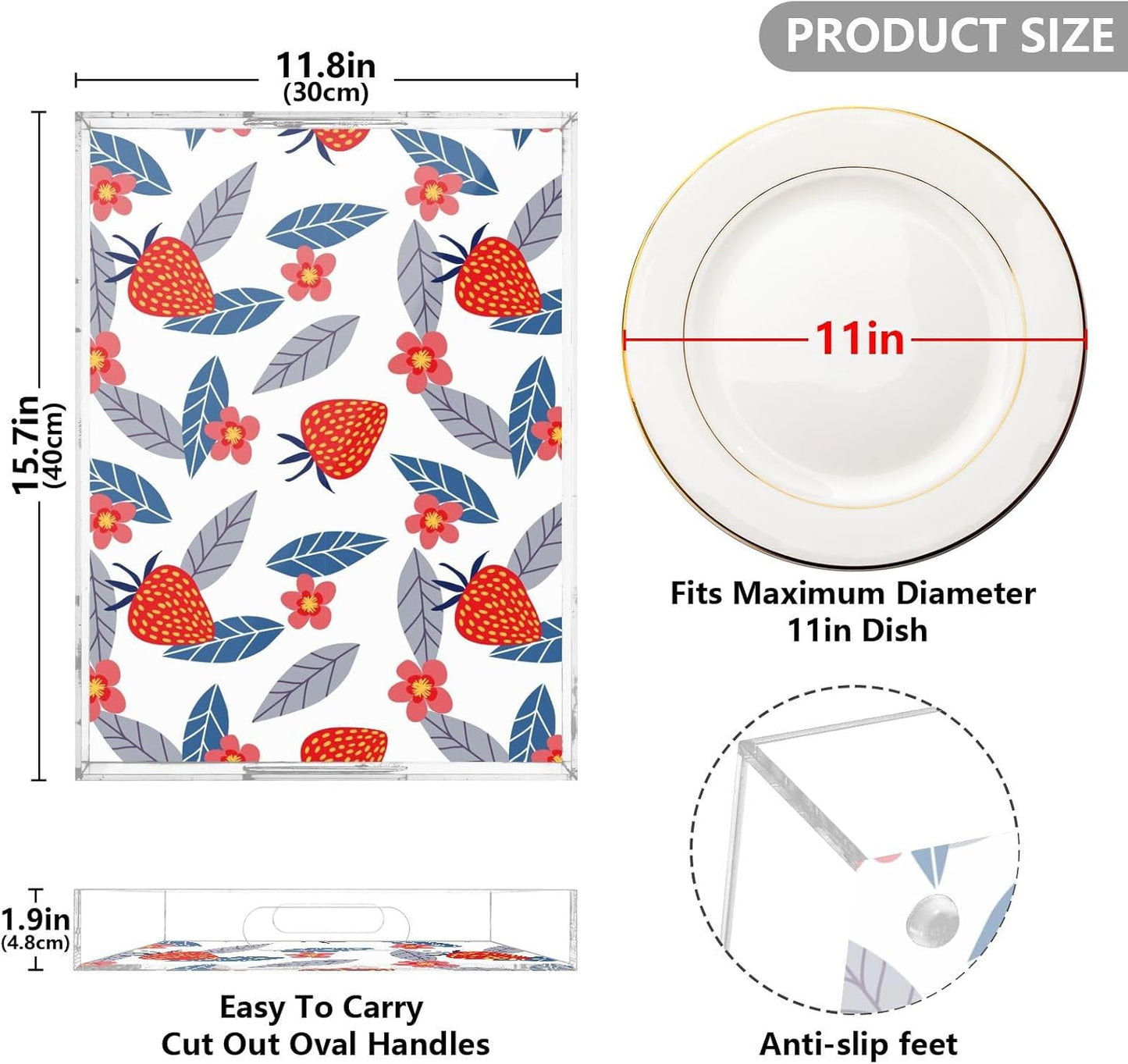 Acrylic Serving Tray with Handles Spill Proof Kitchen Storage Tray Clear Decorative Tray Makeup Drawer Organizer Storage Tray for Bathroom Living Room Ottoman 15.7x11.8Inches