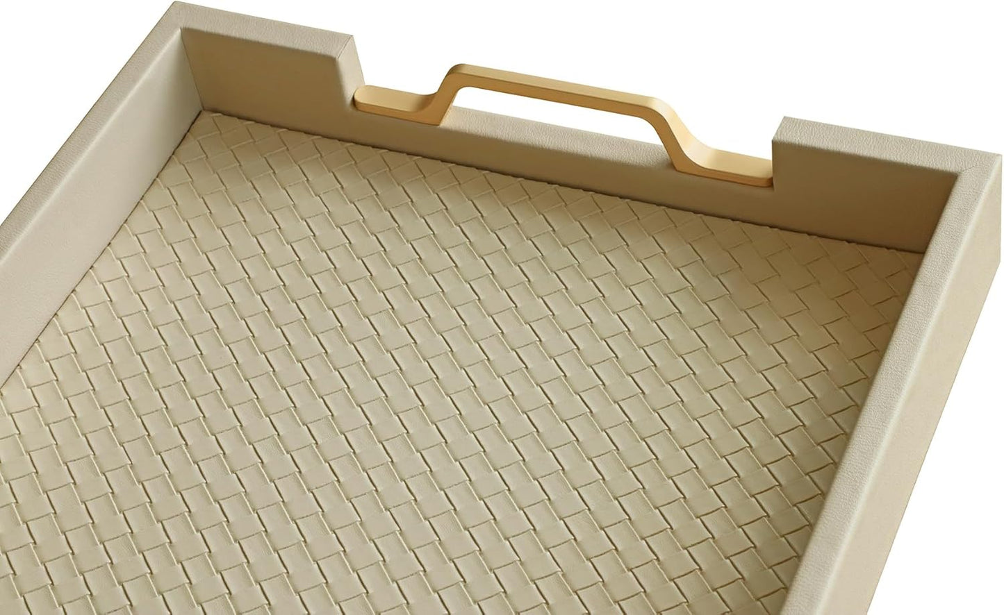 HofferRuffer Faux Leather Rectangle Serving Tray Decor Platter with Gold Metal Handles for Coffee Table, Breakfast, Tea, Food, Countertop, Kitchen, Butler Tray, 16.2 x 12.2 x 2 inches (Cream White)