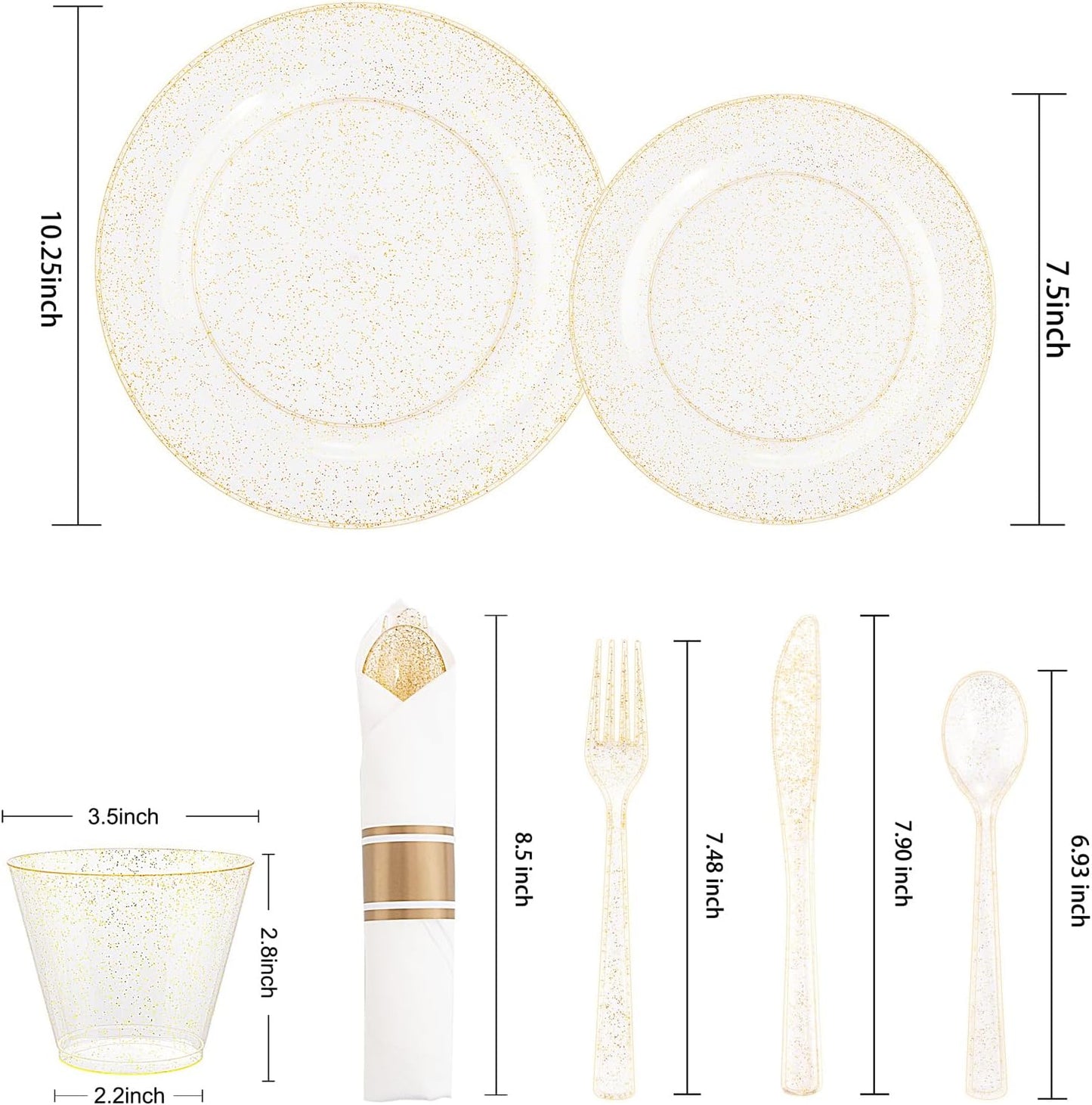 DaYammi 210PCS Gold Glitter Plastic Dinnerware Set for 30 Guests, Fancy Disposable Plates for Party, Include: 30 Dinner Plates, 30 Dessert Plates, 30 Pre Rolled Napkins with Gold Silverware, 30 Cups