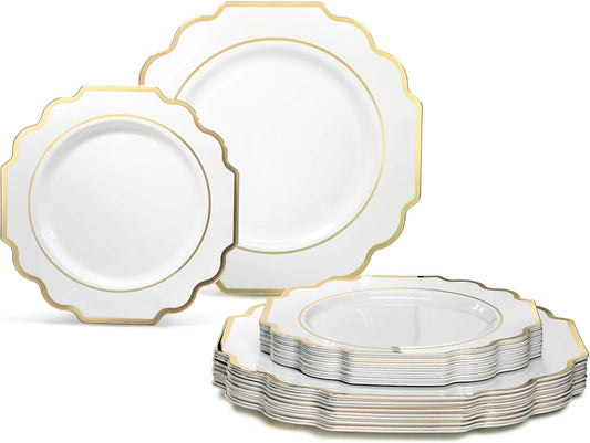 " OCCASIONS " 50 Plates Pack (25 Guests)-Heavyweight Wedding Party Disposable Plastic Plate Set -(25x10.5'' Dinner + 25x8'' Salad/Dessert) (Imperial White & Gold)