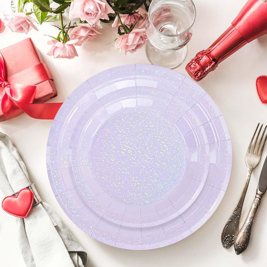 50 Pcs Iridescent Light Purple Paper Plates 25 × 7'' and 25 × 9'' Disposable Lavender Shiny Holographic Foil Dinner Plates for Wedding Baby Shower Birthday Party Glitter Dessert Plate