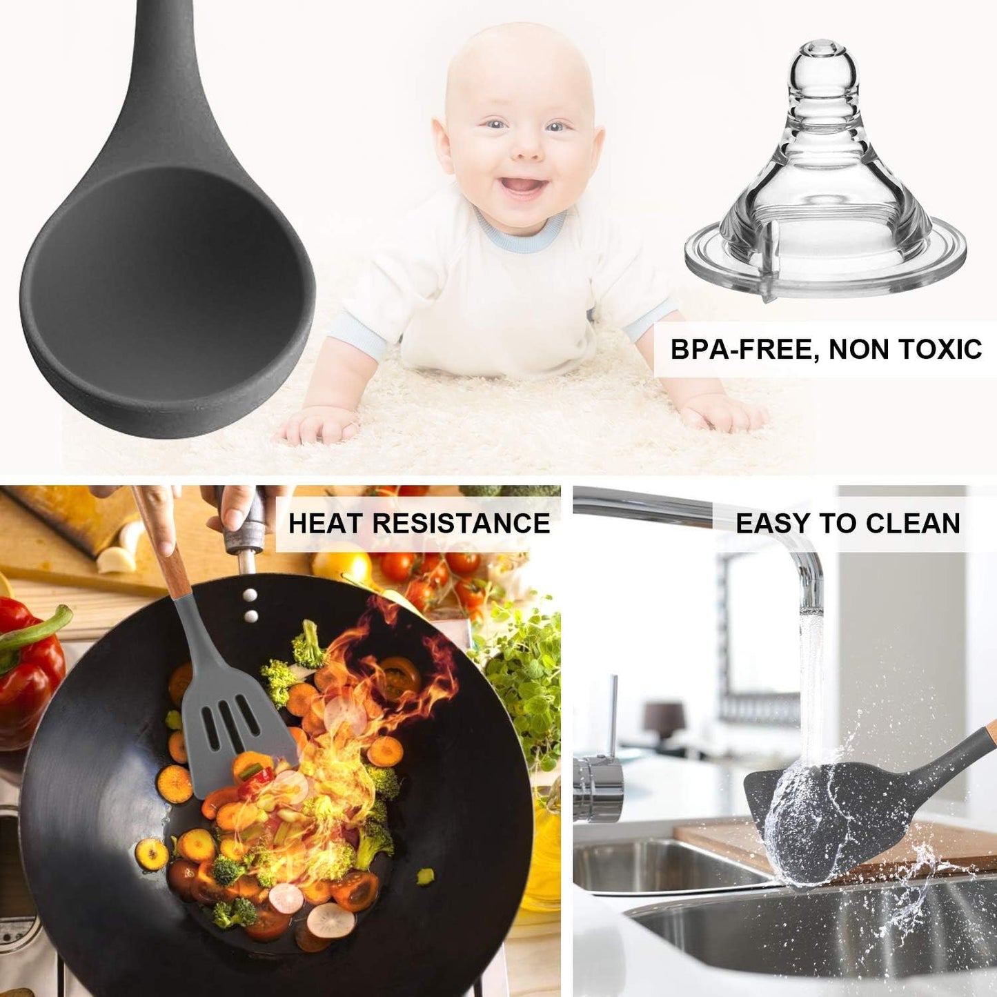 MIBOTE 17 Pcs Silicone Cooking Kitchen Utensils Set with Holder, Wooden Handles Silicone Turner Tongs Spatula Spoon Kitchen Gadgets Utensil Set for Nonstick Cookware (Grey)